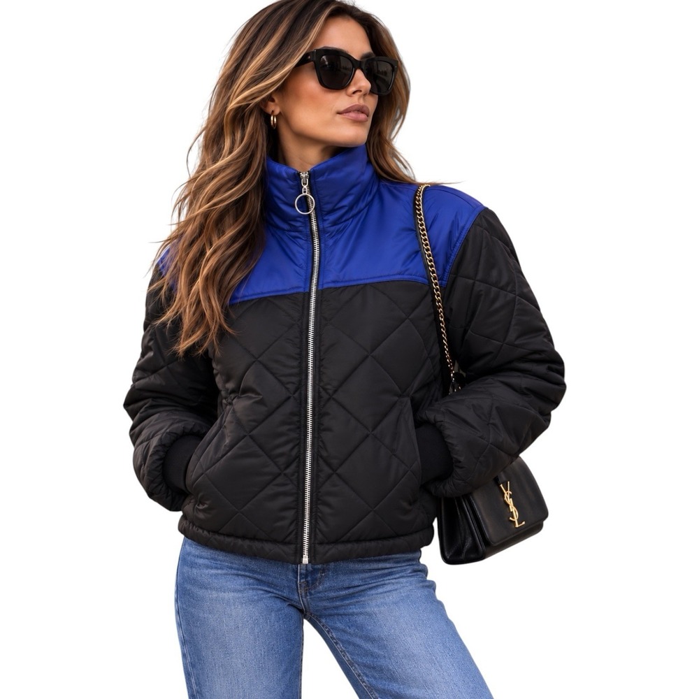 WeWoreWhat Color Block Quilted Puffer Jacket Navy Black NWT XXS